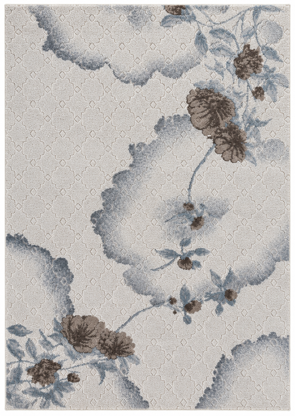 Alfombra Dalia de polipropileno, gris y crema con formas de flores en relieve geométrico