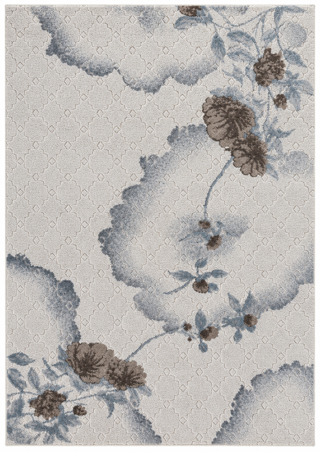 Alfombra Dalia de polipropileno, gris y crema con formas de flores en relieve geométrico