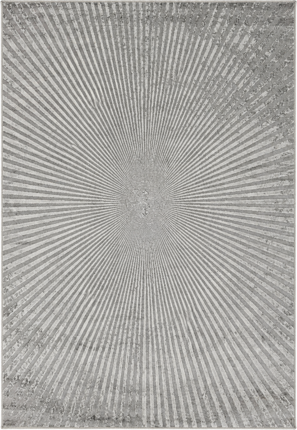 Alfombra Halo Silver de polipropileno, blanco y gris, con rayas que salen desde el centro
