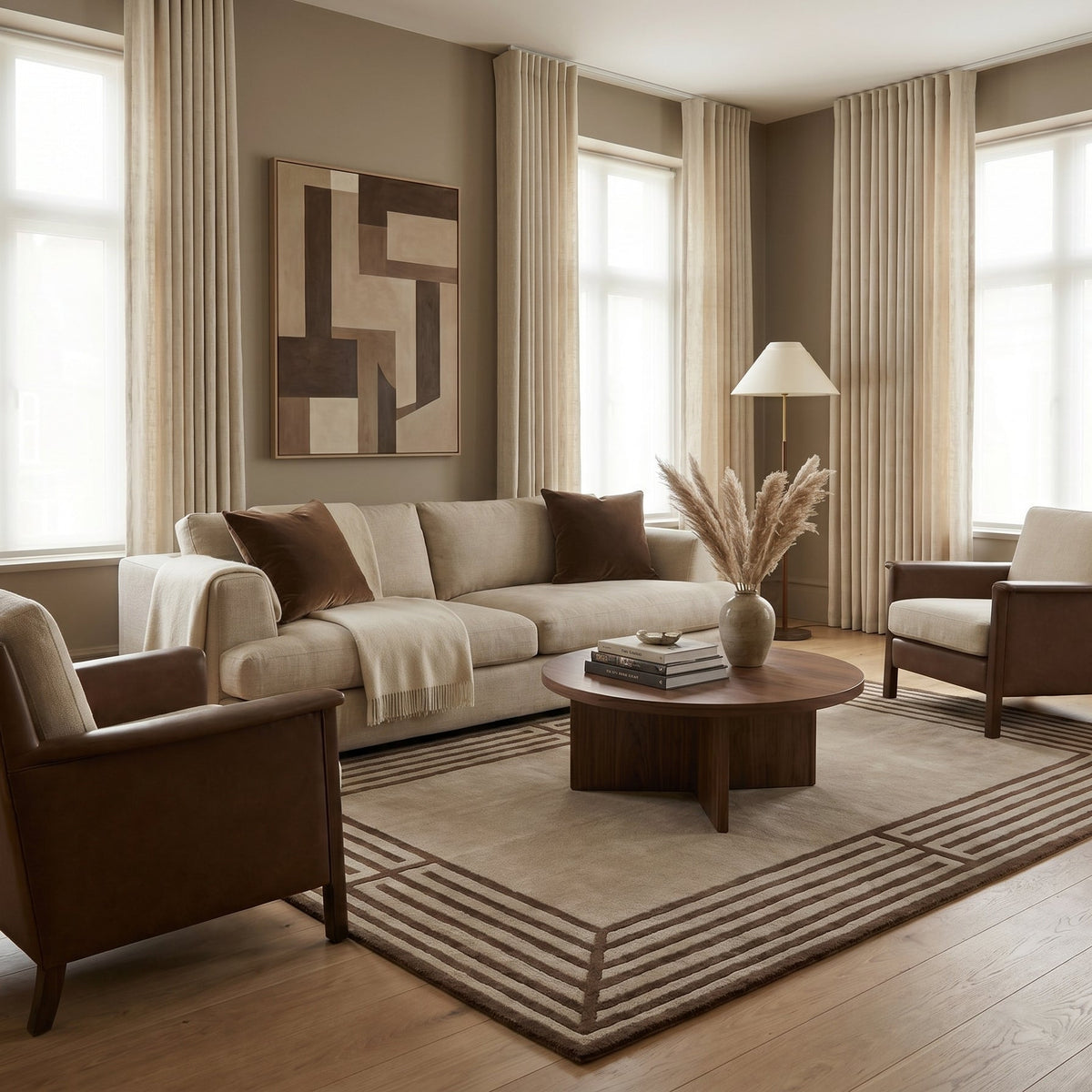 alfombra beige y marrón, guardilla, diseño sobrio geométrico clásico, muebles, sofás de cuero, sofá claro, piso de madera claro, cuadro geométrico, tul blanco, ventanas clásicas, mesa de centro de madera 