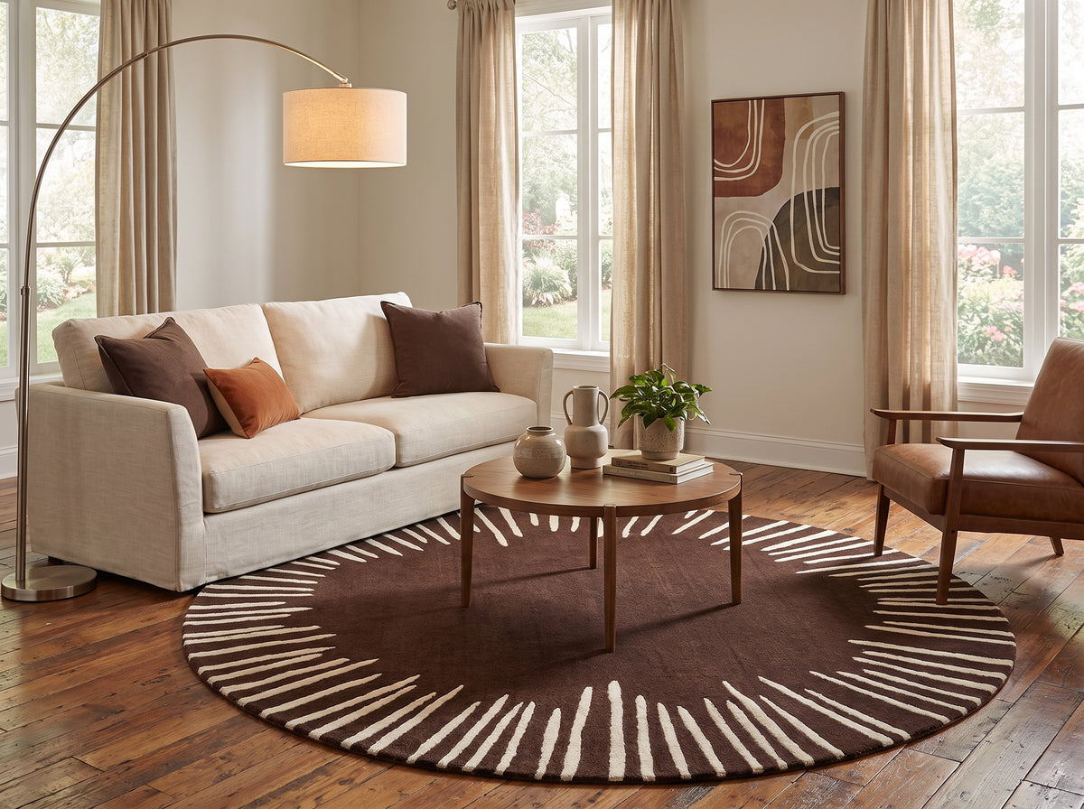alfombra de lana circular, color marrón con rayas blancas, piso de madera, mesa de centro de madera, silla de madera, mueble blanco lampara de piso, tul u cortina tapasol, decoración 