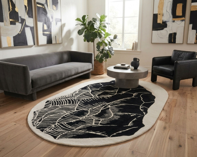 alfombra de lana de ovino con detalles modernos, montañas y hojas patrones detallados, mesa de cetro solida, silla de cuero, sofá gris cuadros abstractos, plantas, masetero de mimbre, decoración, arquitectura, interiorismo 