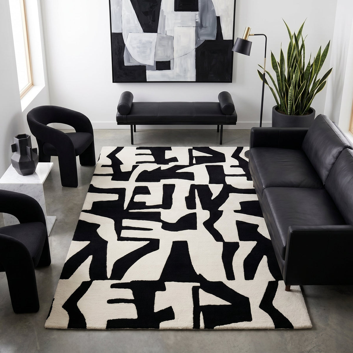 alfombra de lana negro y gris, diseño abstracto minimalista, muebles de cuero negro, masetero, cuadro abstracto
